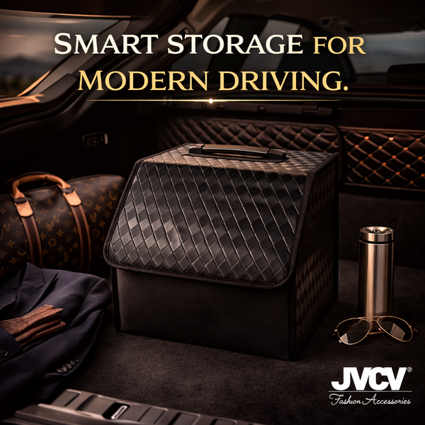JVCV® Stylish Embossed PU Leather Car Trunk Organizer – Foldable Multipurpose Car Boot Storage Box with Handle