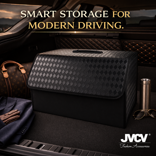 JVCV® Stylish Embossed PU Leather Car Trunk Organizer – Foldable Multipurpose Car Boot Storage Box with Handle
