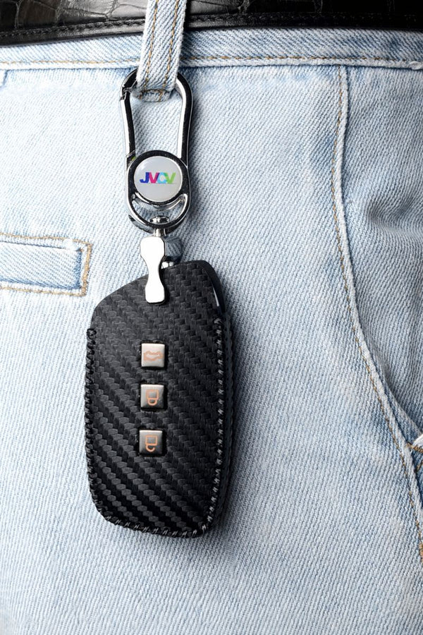 Carbon Fiber Leather Car Key Cover for New MG Hector, Hector Plus, Windsor, Windsor Pro EV Smart Key - Premium PU Case with Keychain