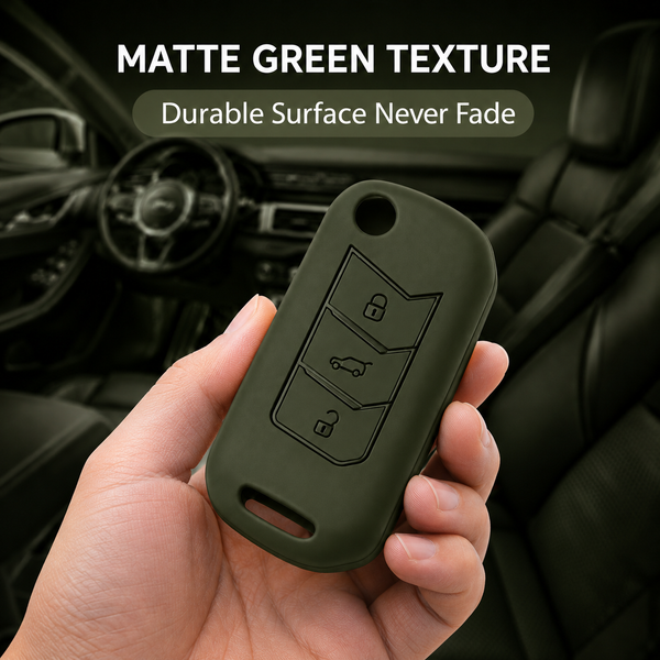 JVCV® Soft TPU Key Cover with Premium Metal Keychain – Military Green Matte Finish – Compatible with Mahindra XUV700, Thar, Bolero, Scorpio, Scorpio N, XUV300, TUV300 & XUV400 EV – 3 Button Flip Key