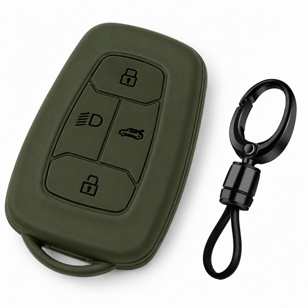JVCV® Soft TPU Key Cover with Premium Metal Keychain – Military Green Matte Finish – Compatible with Tata Nexon EV, Harrier, Tiago EV, Altroz, Tigor, Safari & Punch – 4 Button Smart Key