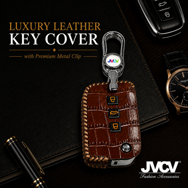 JVCV® Handmade Leather Crocodile Pattern Key Cover – Compatible with Skoda Kylaq, Slavia, Kushaq, Octavia, Kodiaq, Superb & VW Taigun, Tiguan, Virtus – Folding Key