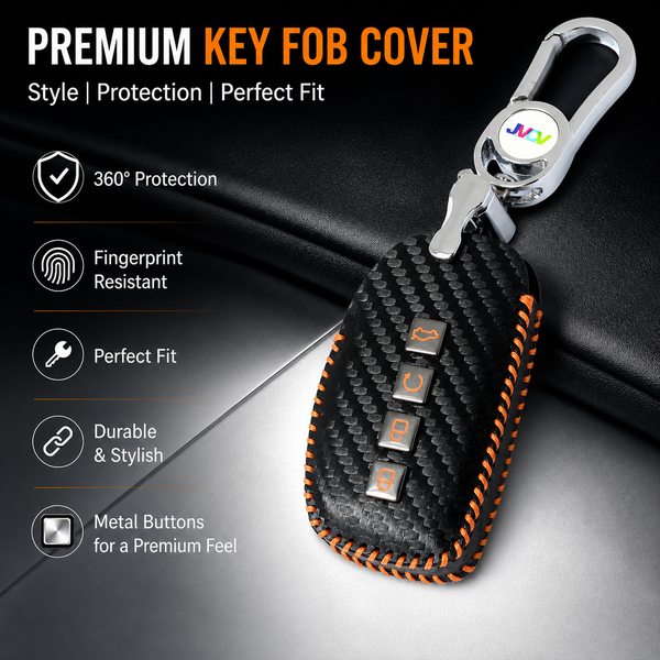 JVCV® Handmade Carbon-Fiber Pattern Leather Key Cover – Hyundai 4‑Button Smart Key (with Keychain)