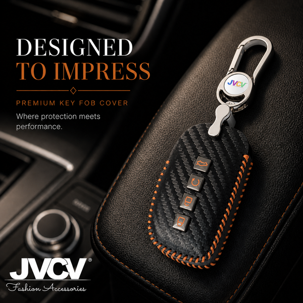 JVCV® Handmade Carbon-Fiber Pattern Leather Key Cover – Hyundai 4‑Button Smart Key (with Keychain)