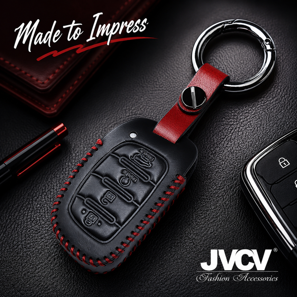 JVCV® Soft Handmade Leather Key Cover Compatible with New Hyundai Alcazar and Creta 4 Button Smart Key