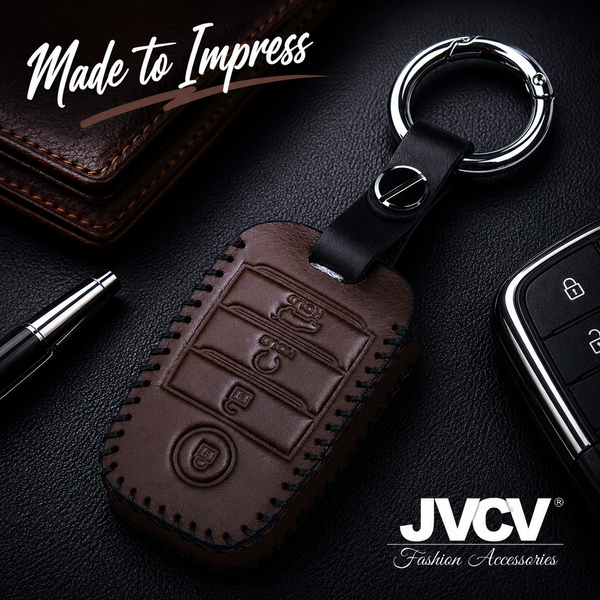 JVCV® Soft Handmade Leather Key Cover Compatible with Kia Sonet Seltos Carens 4 Button Smart Key