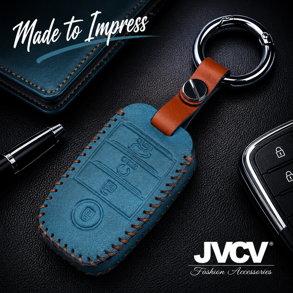 JVCV® Soft Handmade Leather Key Cover Compatible with Kia Sonet Seltos Carens 4 Button Smart Key