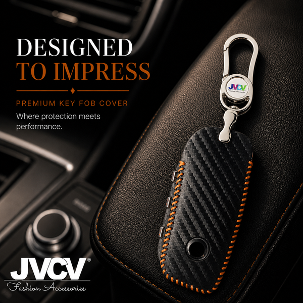 JVCV® Handmade Carbon Fiber Pattern Leather Key Cover Compatible with BMW 2023 New 7 Series 740i 760i X1 X7 XM IX I7 X5 Smart Key – Black Orange