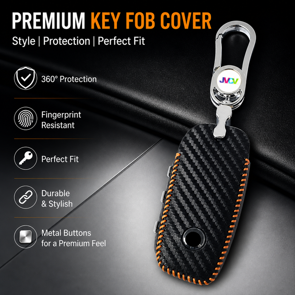 JVCV® Handmade Carbon Fiber Pattern Leather Key Cover Compatible with BMW 2023 New 7 Series 740i 760i X1 X7 XM IX I7 X5 Smart Key – Black Orange