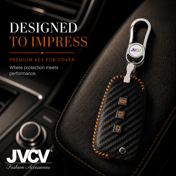 Carbon Fiber Leather Car Key Cover for Hyundai i20, Kona, Verna 3 Button Flip Key - Premium PU Case with Keychain