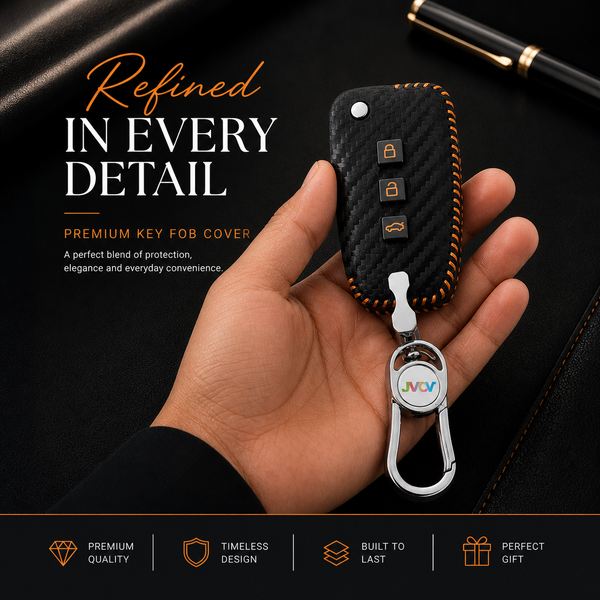 Carbon Fiber Leather Car Key Cover for Hyundai i20, Kona, Verna 3 Button Flip Key - Premium PU Case with Keychain