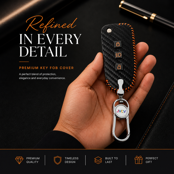 Carbon Fiber Leather Car Key Cover for Tata Tiago Tigor Punch Hexa Nexon Zest Bolt Safari Storme Flip Key - Premium PU case with Keychain