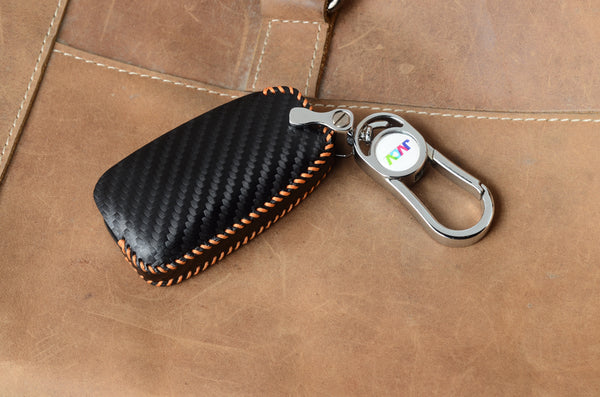 Carbon Fiber Leather Car Key Cover for Hyundai i20, Kona, Verna 3 Button Flip Key - Premium PU Case with Keychain