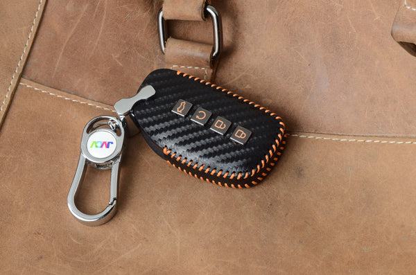 JVCV® Handmade Carbon-Fiber Pattern Leather Key Cover – Hyundai 4‑Button Smart Key (with Keychain)