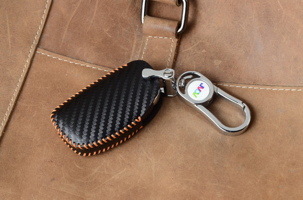 JVCV® Handmade Carbon-Fiber Pattern Leather Key Cover – Hyundai 4‑Button Smart Key (with Keychain)