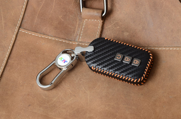 JVCV® Handmade Carbon-Fiber Pattern Leather Key Cover with keychain for Honda Cars - Includes Premium Keychain