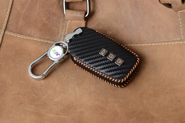 Carbon Fiber Leather Car Key Cover for Toyota Fortuner, Hilux, Innova Crysta, Fortuner Legender, Innova HyCross, Land Cruiser Smart Keys - Premium PU Case with Keychain