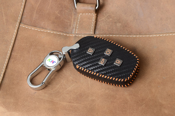 Carbon Fiber Leather Car Key Cover for Tata Nexon, Harrier, Safari, Punch, Altroz, Tiago smart keys– Premium PU Case with Keychain