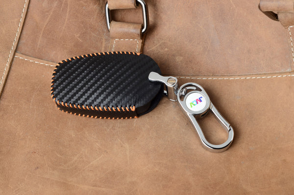 Carbon Fiber Leather Car Key Cover for Tata Nexon, Harrier, Safari, Punch, Altroz, Tiago smart keys– Premium PU Case with Keychain