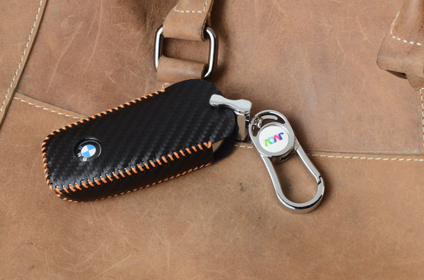 JVCV® Handmade Carbon Fiber Pattern Leather Key Cover Compatible with BMW 2023 New 7 Series 740i 760i X1 X7 XM IX I7 X5 Smart Key – Black Orange