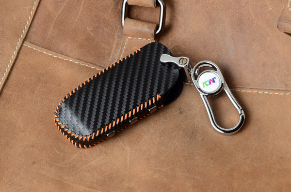 JVCV® Handmade Carbon Fiber Pattern Leather Key Cover Compatible with BMW 2023 New 7 Series 740i 760i X1 X7 XM IX I7 X5 Smart Key – Black Orange