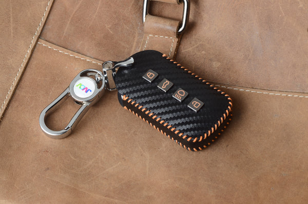 Carbon Fiber Leather Car Key Cover for Tata Curvv smart keys– Premium PU Case with Keychain