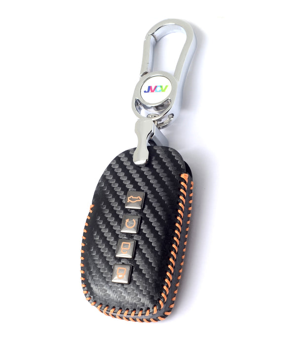 JVCV® Handmade Carbon-Fiber Pattern Leather Key Cover – Hyundai 4‑Button Smart Key (with Keychain)