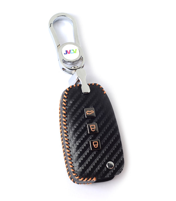 Carbon Fiber Leather Car Key Cover for Hyundai i20, Kona, Verna 3 Button Flip Key - Premium PU Case with Keychain