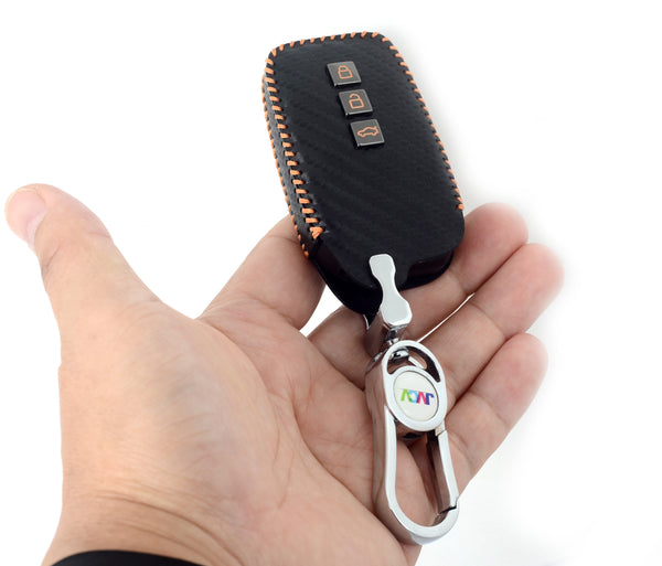 Carbon Fiber Leather Car Key Cover for Toyota Fortuner, Hilux, Innova Crysta, Fortuner Legender, Innova HyCross, Land Cruiser Smart Keys - Premium PU Case with Keychain