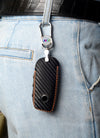 JVCV® Handmade Carbon Fiber Pattern Leather Key Cover Compatible with BMW 2023 New 7 Series 740i 760i X1 X7 XM IX I7 X5 Smart Key – Black Orange