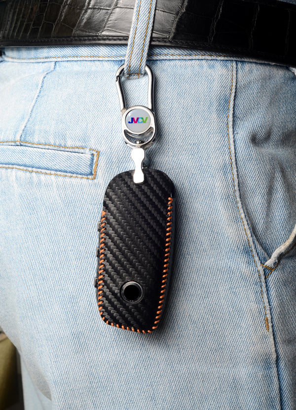 JVCV® Handmade Carbon Fiber Pattern Leather Key Cover Compatible with BMW 2023 New 7 Series 740i 760i X1 X7 XM IX I7 X5 Smart Key – Black Orange