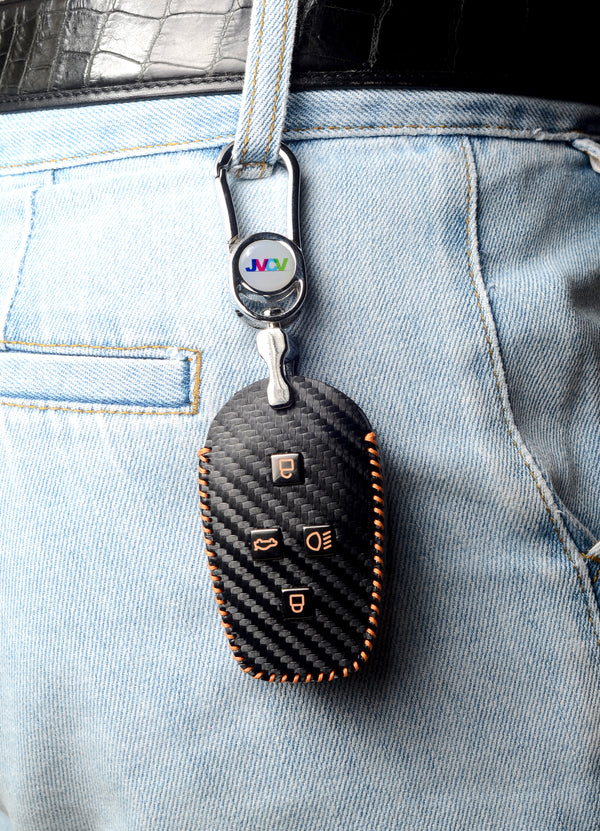 Carbon Fiber Leather Car Key Cover for Tata Nexon, Harrier, Safari, Punch, Altroz, Tiago smart keys– Premium PU Case with Keychain