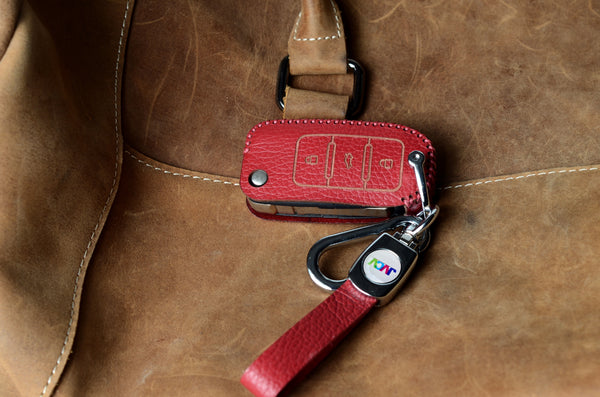 JVCV® Soft Handmade Lychee Pattern Leather Key Cover Compatible with Volkswagen Polo Vento Jetta Ameo Passat and Skoda Rapid Laura Superb Octavia Fabia Yeti Folding Key