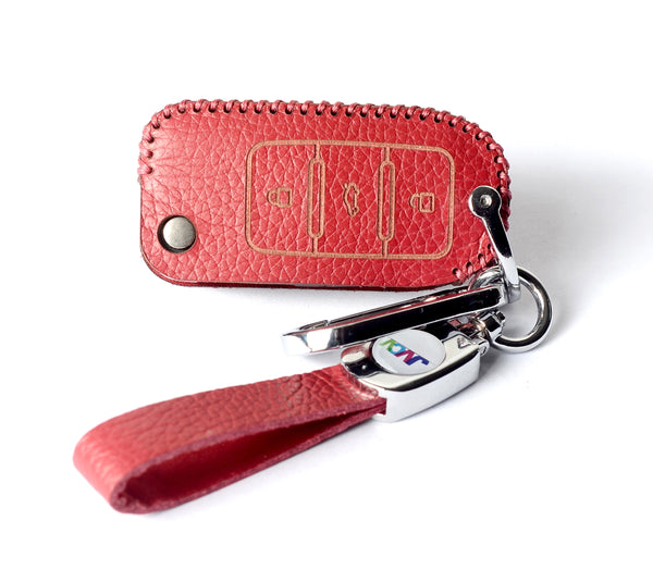 JVCV® Soft Handmade Lychee Pattern Leather Key Cover Compatible with Volkswagen Polo Vento Jetta Ameo Passat and Skoda Rapid Laura Superb Octavia Fabia Yeti Folding Key