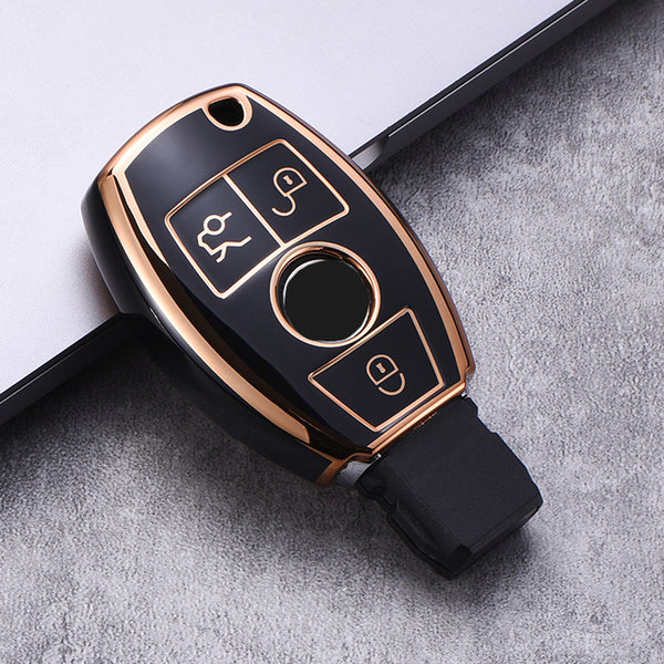 JVCV® Gold Border TPU Key Cover – Compatible with Mercedes-Benz C-Class, E-Class, S-Class, M-Class, CLS, CLK & G-Class – 3 Button Smart Key