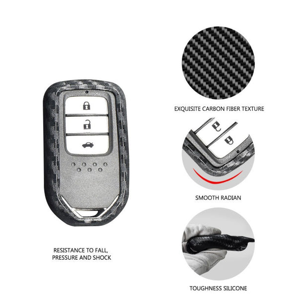 Car Styling Soft Carbon Fiber Pattern Key Cover Compatible With Honda Push Button Start Smart Key With Keychain, Black