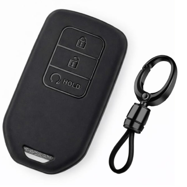 JVCV® Soft TPU Key Cover with Premium Metal Keychain – Matte Black Pattern – Compatible with Honda City, Elevate, Civic, Jazz, Amaze, CR-V, WR-V & BR-V – 3 Button Smart Key