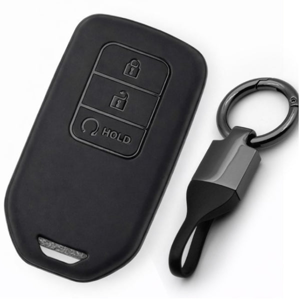 JVCV® Soft TPU Key Cover with Premium Metal Keychain – Matte Black Pattern – Compatible with Honda City, Elevate, Civic, Jazz, Amaze, CR-V, WR-V & BR-V – 3 Button Smart Key