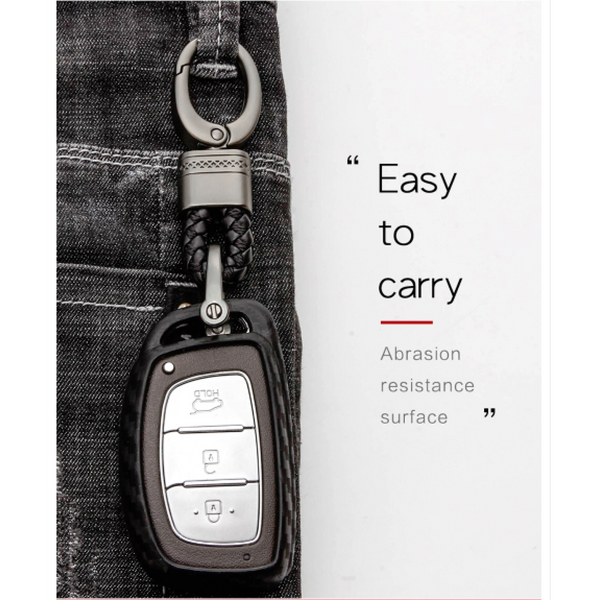 Car Styling Soft Carbon Fiber Pattern Key Cover Compatible With Hyundai Push Button Start Smart Key With Keychain, Black