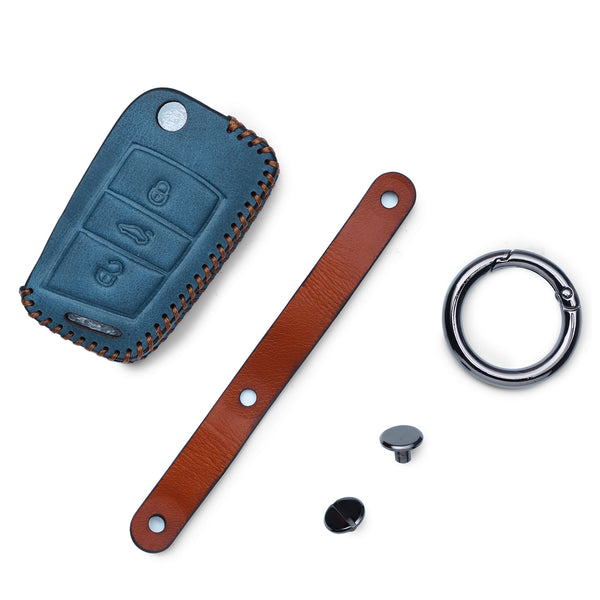 JVCV® Soft Handmade Leather Key Cover Compatible with Skoda Slavia Kushaq Taigun Tiguan Virtus Octavia Kodiaq Superb Folding Key