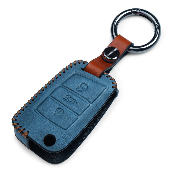 JVCV® Soft Handmade Leather Key Cover Compatible with Skoda Slavia Kushaq Taigun Tiguan Virtus Octavia Kodiaq Superb Folding Key