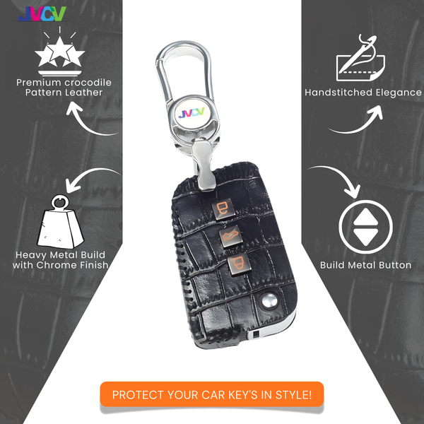 JVCV® Handmade Leather Crocodile Pattern Key Cover – Compatible with Skoda Kylaq, Slavia, Kushaq, Octavia, Kodiaq, Superb & VW Taigun, Tiguan, Virtus – Folding Key