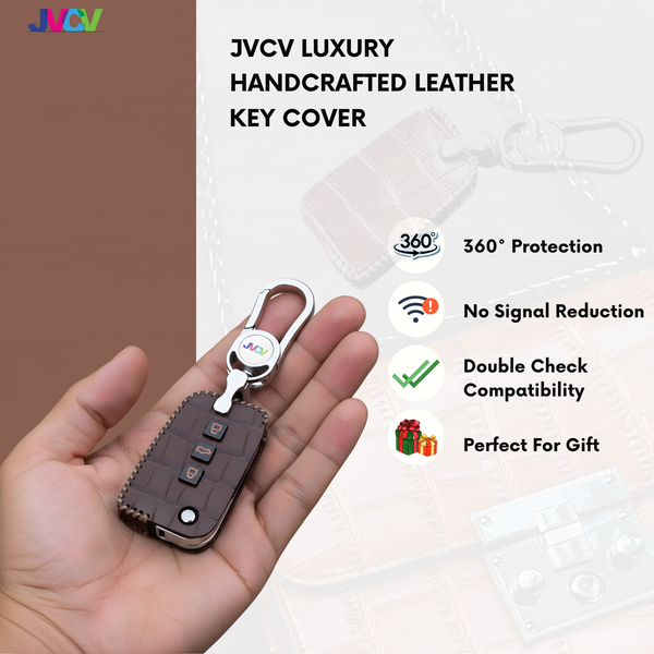 JVCV® Handmade Leather Crocodile Pattern Key Cover – Compatible with Skoda Kylaq, Slavia, Kushaq, Octavia, Kodiaq, Superb & VW Taigun, Tiguan, Virtus – Folding Key