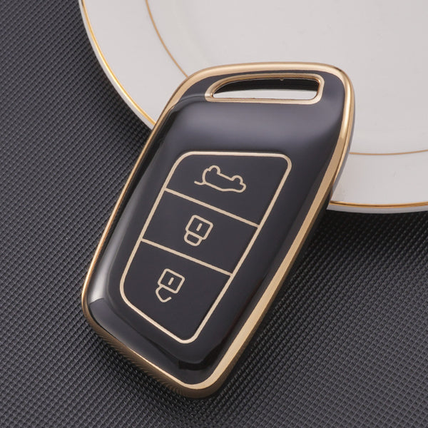 Gold Border TPU Key Cover Compatible with MG Hector and Hector Plus Smart Key (Black)
