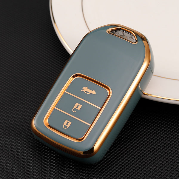 JVCV® Gold Border TPU Key Cover – Compatible with Honda City, Elevate, Civic, Jazz, Amaze, CR-V, WR-V & BR-V – 3 Button Push Button Start Smart Key