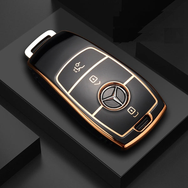 JVCV® Gold Border TPU Key Cover – Compatible with Mercedes-Benz E-Series Smart Key