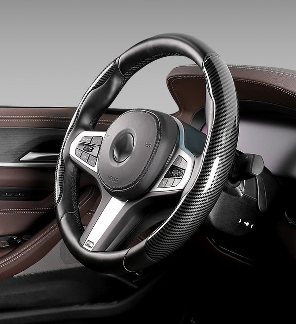 JVCV® 2‑Piece High‑Gloss Carbon Fiber Texture Steering Wheel Cover – Universal Fit (14.5–16″) + Anti‑Slip Grip Pads