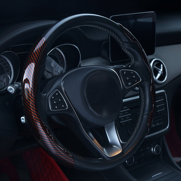 JVCV® 2‑Piece High‑Gloss Carbon Fiber Texture Steering Wheel Cover – Universal Fit (14.5–16″) + Anti‑Slip Grip Pads