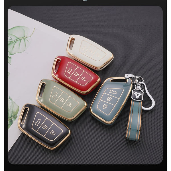 Gold Border TPU Key Cover Compatible with MG Hector and Hector Plus Smart Key (Black)