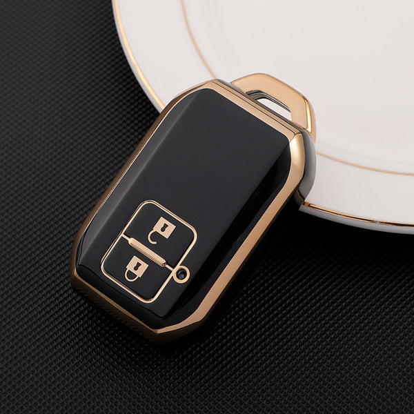 JVCV® Gold Border TPU Key Cover – Compatible with Suzuki Jimny, Fronx, Grand Vitara, Baleno, XL6, Swift, Ertiga, Dzire & Toyota Rumion, Urban Cruiser, Glanza, Hyryder – 2 Button Smart Key
